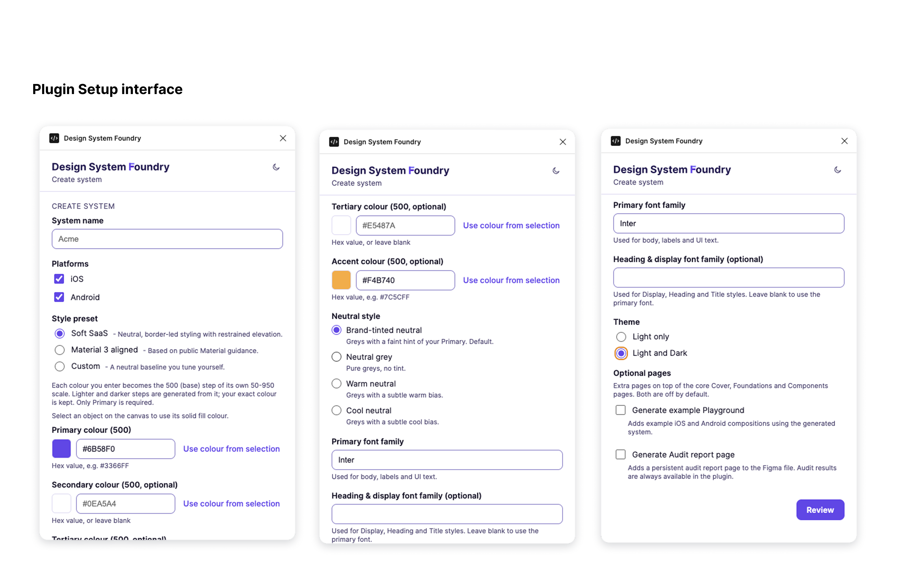 Three views of the actual Design System Foundry setup interface showing platform, colour and typography configuration