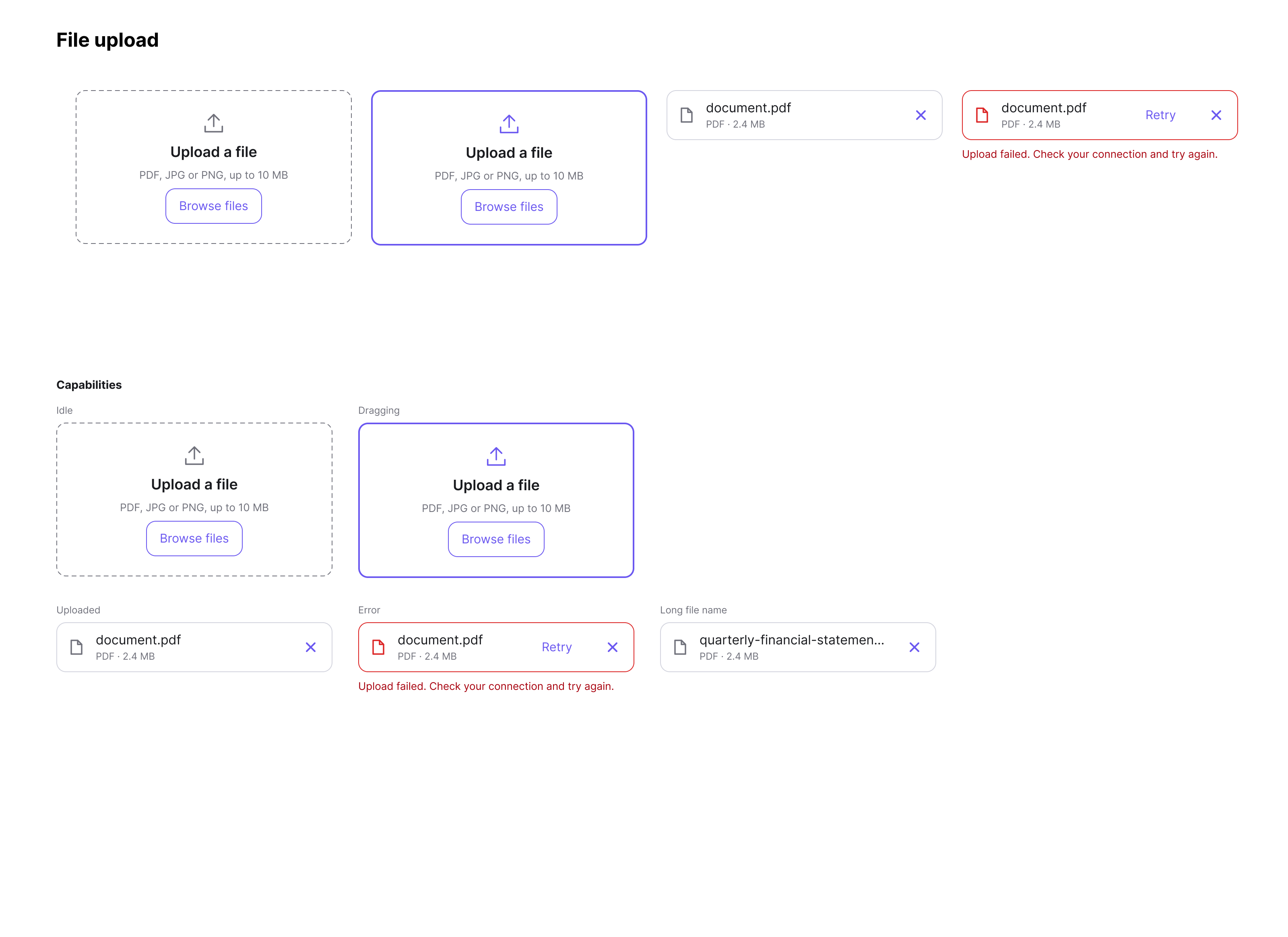 File Upload component with representative states
