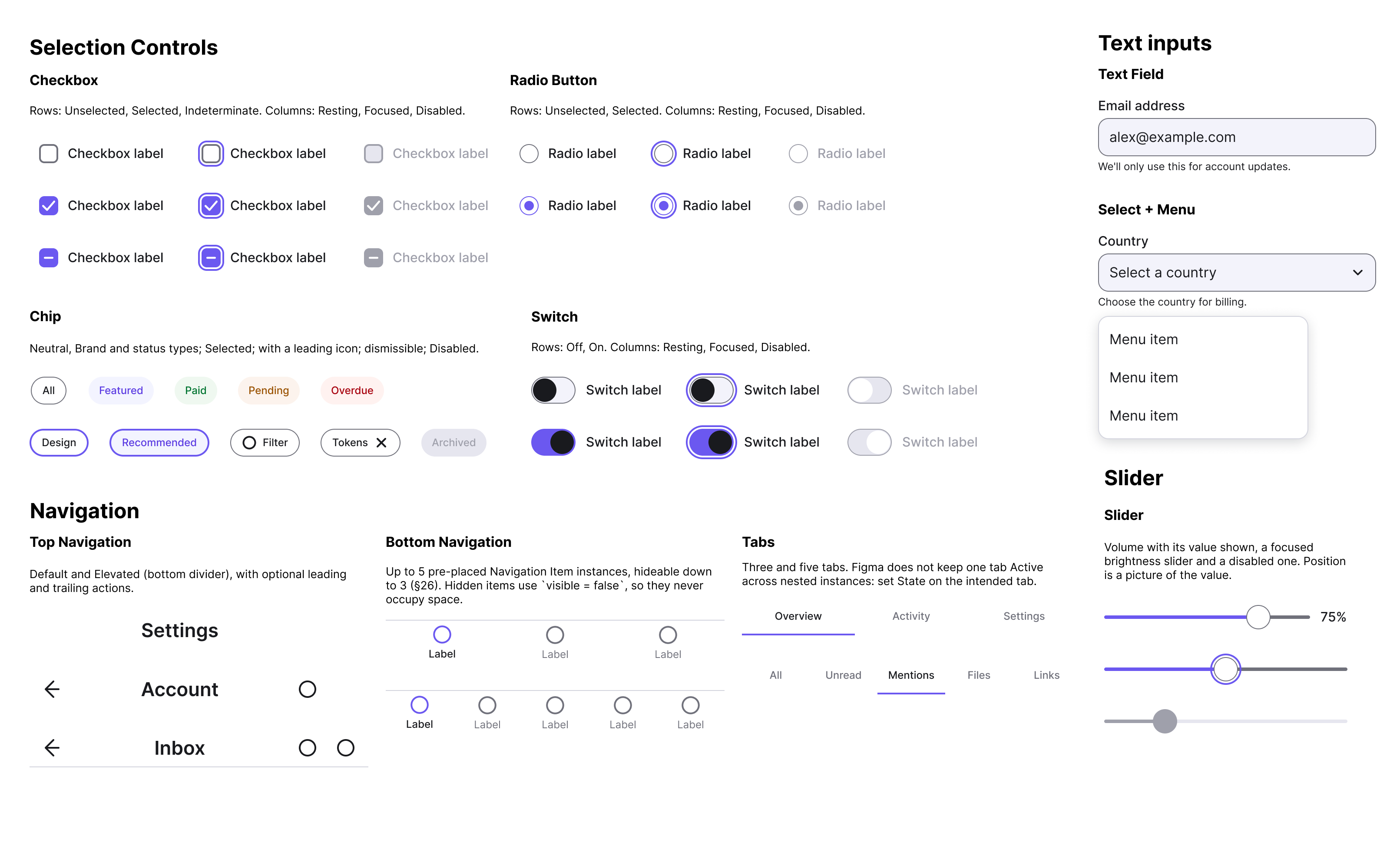 Curated examples of generated selection controls, text inputs and navigation components