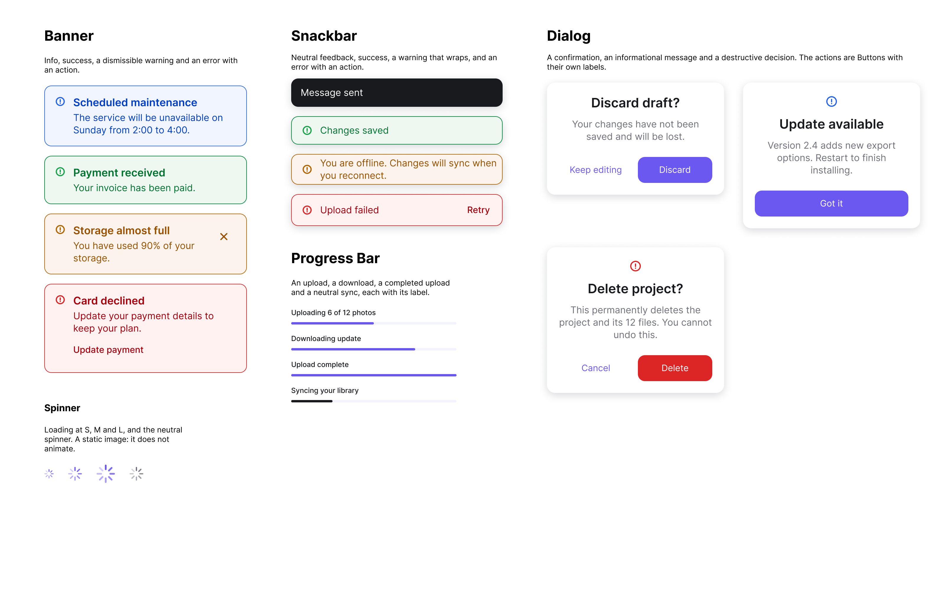 Curated generated feedback components including Banner, Snackbar, Dialog, Progress Bar and Spinner