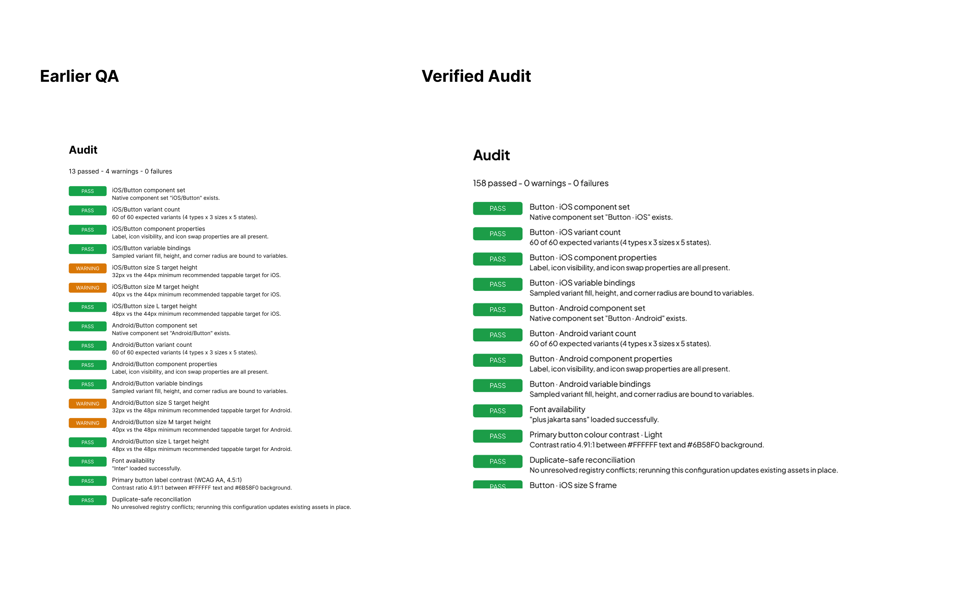 Earlier accessibility audit with four warnings beside a later clean audit with 158 passes