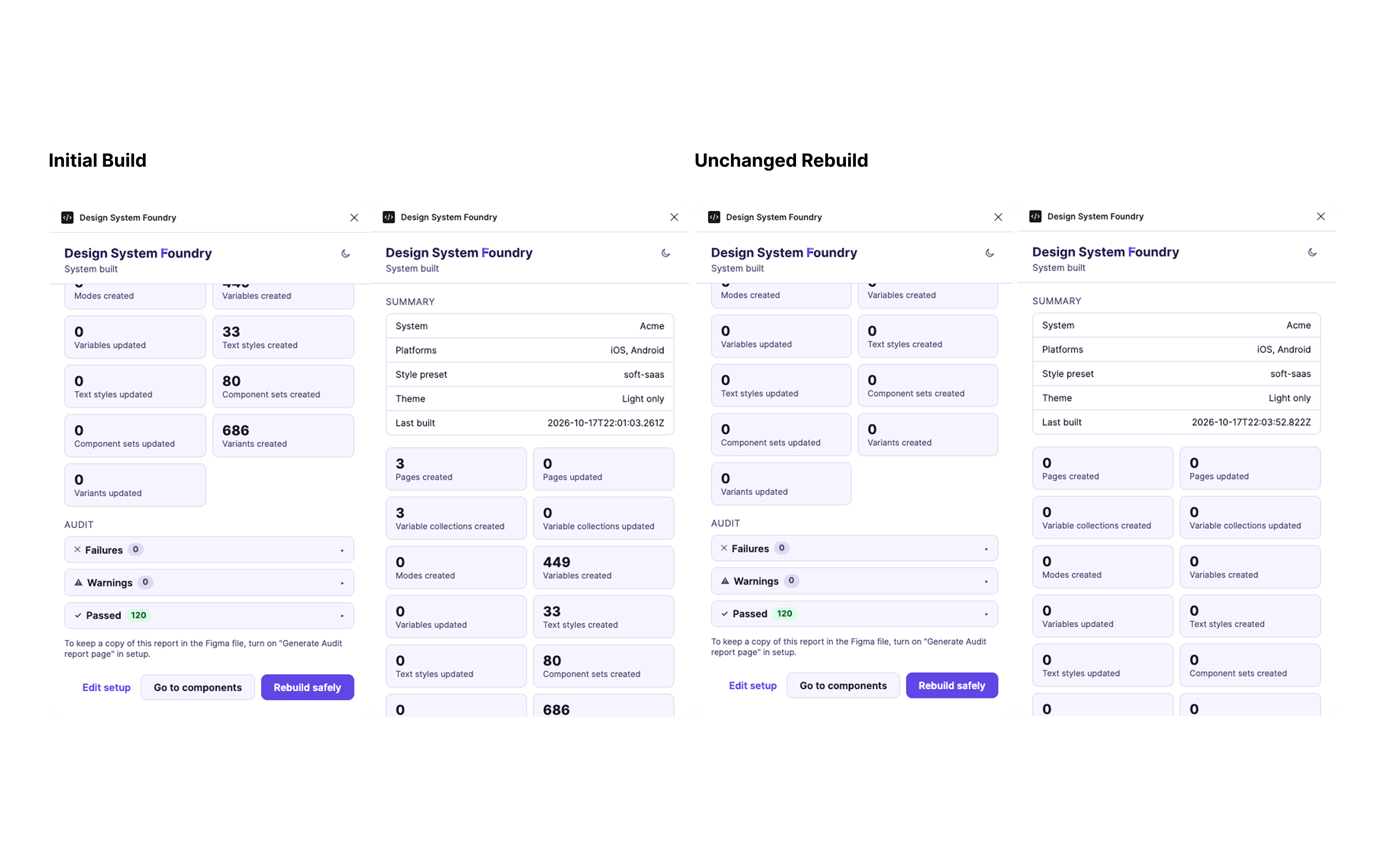 Comparison of initial design-system build and unchanged rebuild summaries
